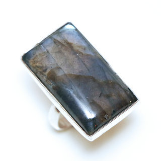 Bijoux ethniques indiens bague en argent 925 massif femme grande pierre fine Labradorite gris vert kaki lisse rectangle rglable ajustable ouverte - Inde 230a