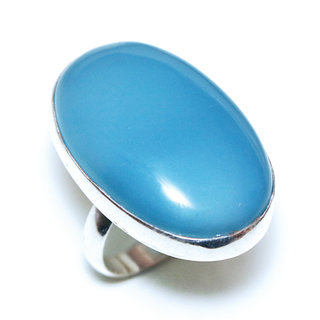 Bijoux ethniques indiens bague en argent 925 massif femme pierre fine Agate bleue clair lisse ovale rglable ajustable ouverte - Inde 235a