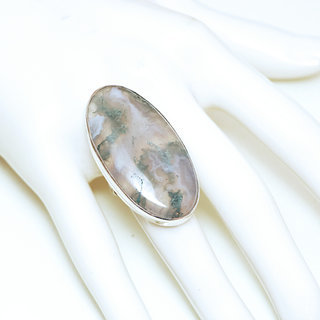 Bijoux ethniques indiens bague en argent 925 massif femme grande pierre fine Agate mousse verte marbr lisse ovale rglable ajustable ouverte - Inde 213b