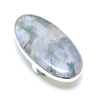 Bijoux ethniques indiens bague en argent 925 massif femme grande pierre fine Agate mousse verte marbr lisse ovale rglable ajustable ouverte - Inde 213a