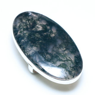 Bijoux ethniques indiens bague en argent 925 massif femme grande pierre fine Agate mousse verte marbr lisse ovale rglable ajustable ouverte - Inde 214a