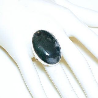 Bijoux ethniques indiens bague en argent 925 massif femme pierre fine Agate mousse marbr verte lisse ovale rglable ajustable ouverte - Inde 208b