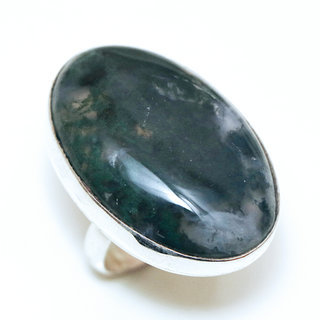 Bijoux ethniques indiens bague en argent 925 massif femme pierre fine Agate mousse marbr verte lisse ovale rglable ajustable ouverte - Inde 208a