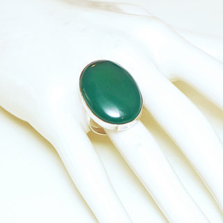 Bijoux ethniques indiens bague en argent 925 massif femme pierre fine Agate verte fonce lisse ovale rglable ajustable ouverte - Inde 204b