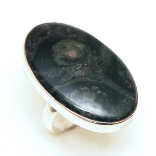 Bijoux ethniques indiens bague en argent 925 massif cabochon femme pierre fine Jaspe noir vert kaki lisse ovale rglable ajustable ouverte - Inde 203 a