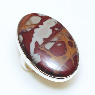 Bijoux ethniques indiens bague en argent 925 massif cabochon femme pierre fine Jaspe rouge orange marbr lisse ovale rglable ajustable ouverte - Inde 208 a