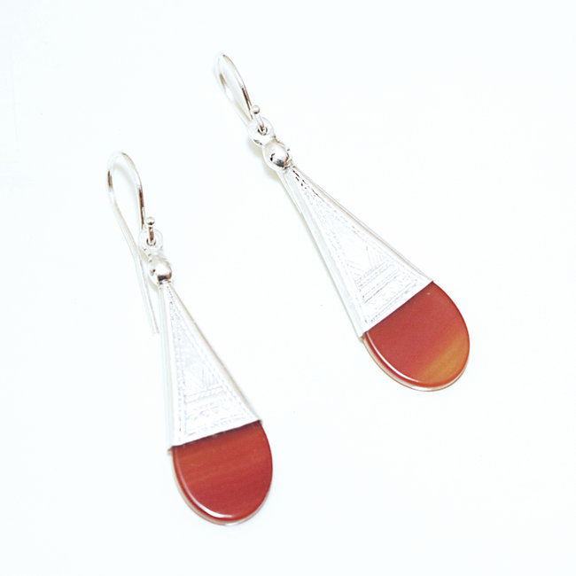 Boucles d'oreilles touareg gouttes Ingall argent 925 et cornaline - Niger 013