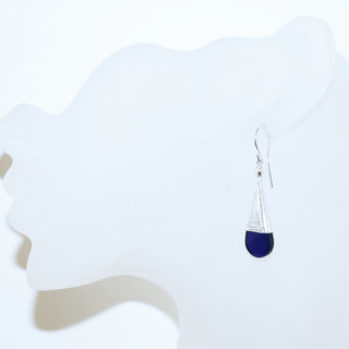 Bijoux touareg ethniques boucles d'oreilles femme argent 925 massif graves longues pendantes et verre artisanal bleu fonc Ingall  - 014 b