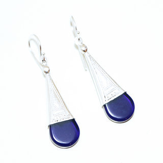 Bijoux touareg ethniques boucles d'oreilles femme argent 925 massif graves longues pendantes et verre artisanal bleu fonc Ingall  - 014 a