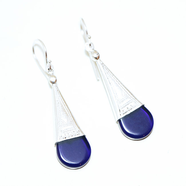 Boucles d'oreilles argent massif 925 touareg gouttes Ingall et verre artisanal bleu - Niger 013