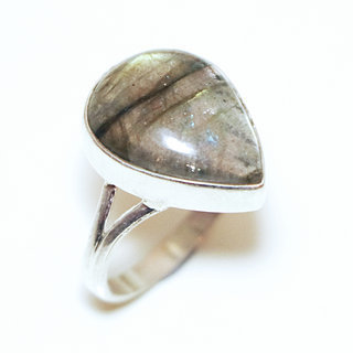 Bijoux ethniques Indiens bague argent 925 et pierre fine Labradorite gris vert kaki ovale - Inde 250a