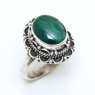 Bijoux ethniques Indiens bague argent 925 et pierre fine Malachite vert fonc filigranes ovale - Inde 251a