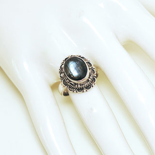 Bijoux ethniques Indiens bague argent 925 et pierre fine Labradorite gris vert kaki filigranes ovale - Inde 251b