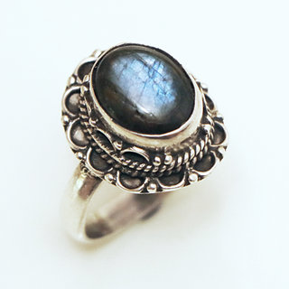 Bijoux ethniques Indiens bague argent 925 et pierre fine Labradorite gris vert kaki filigranes ovale - Inde 251a