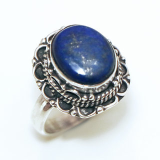 Bijoux ethniques Indiens bague argent 925 et pierre fine Lapis Lazuli bleu fonc filigranes ovale - Inde 251a