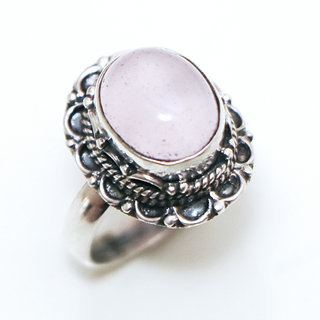 Bijoux ethniques Indiens bague argent 925 et pierre fine Quartz rose clair filigranes ovale - Inde 251a