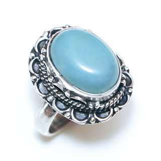 Bijoux ethniques Indiens bague argent 925 et pierre fine Calcdoine bleue clair filigranes ovale 2 cm - Inde 251Ma