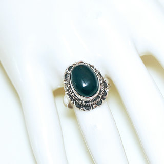 Bijoux ethniques Indiens bague argent 925 et pierre fine Agate verte fonc filigranes ovale 2 cm - Inde 251Mb