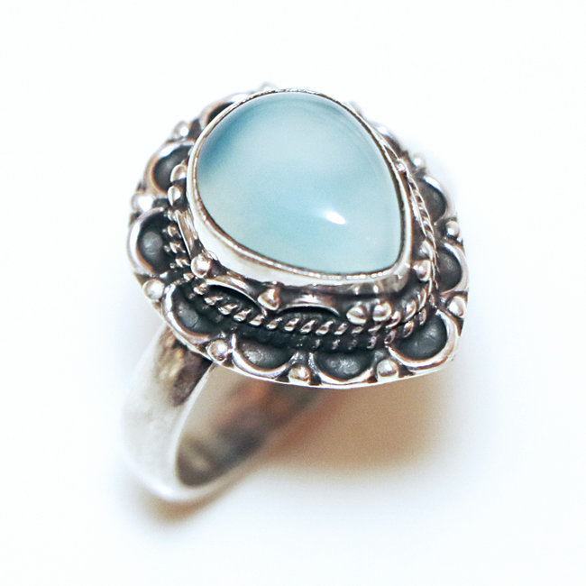 Bague argent 925 goutte filigranes et Calcédoine bleue - Inde 253