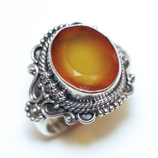 Bijoux ethniques Indiens bague argent 925 et pierre fine Cornaline orange filigranes ovale - Inde 254a