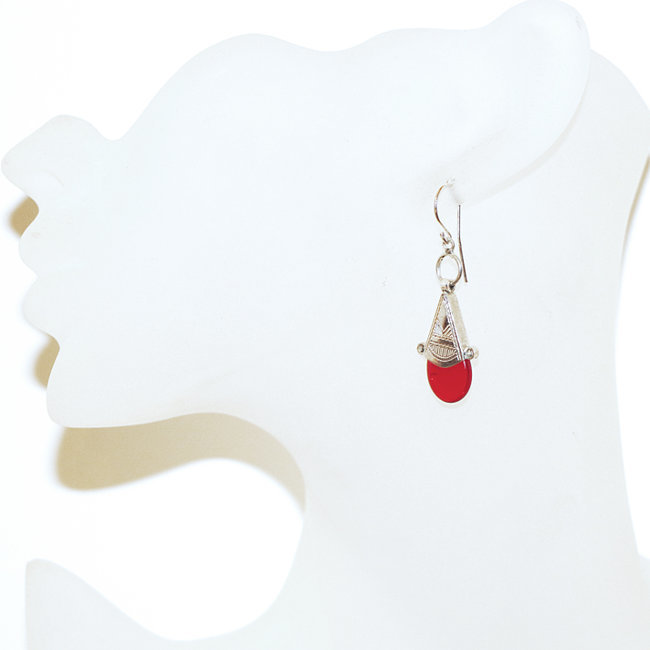 Bijoux touareg ethniques boucles d'oreilles femme argent 925 massif gravées et pierre croix d'ingall Verre artisanal rouge - 028 b