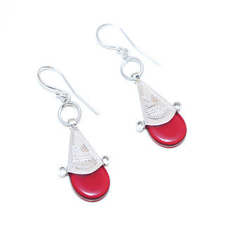 Bijoux touareg ethniques boucles d'oreilles femme argent 925 massif graves et pierre croix d'ingall Verre artisanal rouge - 028 a