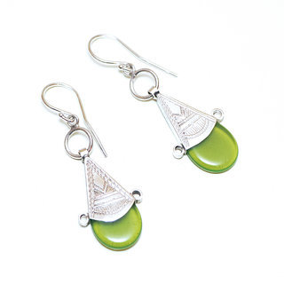 Bijoux touareg ethniques boucles d'oreilles femme argent 925 massif graves et pierre croix d'ingall Verre artisanal vert clair - 028 a