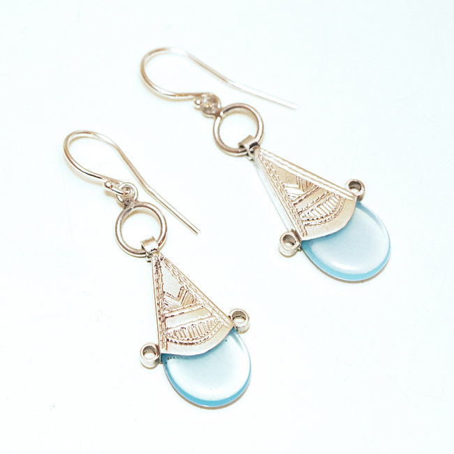 Boucles d'oreilles argent 925 touareg croix d'ingall et verre bleu clair - Niger 028