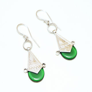 Bijoux touareg ethniques boucles d'oreilles femme argent 925 massif graves et pierre croix d'ingall Verre artisanal vert fonc - 029 a