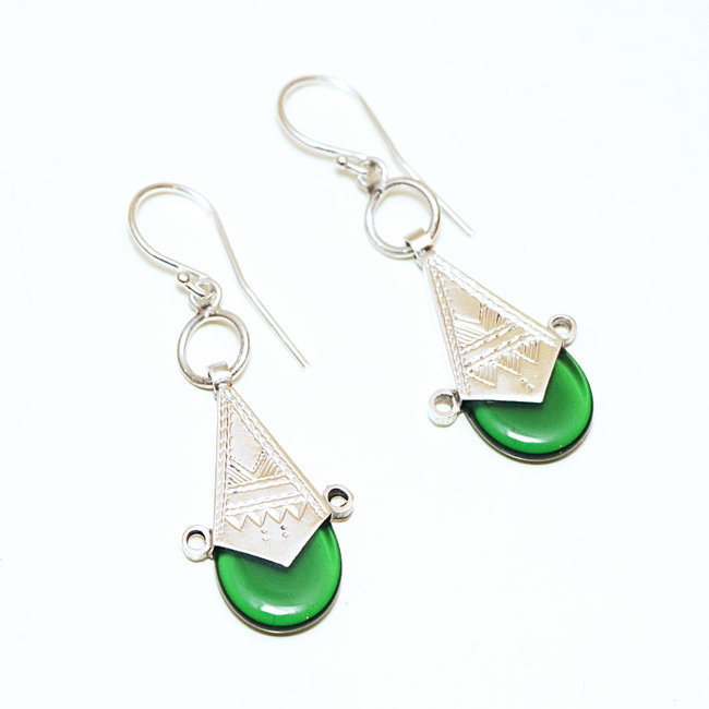 Boucles d'oreilles argent 925 touareg croix d'ingall et verre vert foncé - Niger 029