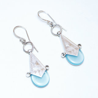 Bijoux touareg ethniques boucles d'oreilles femme argent 925 massif graves et pierre croix d'ingall Verre artisanal bleu clair - 029 a