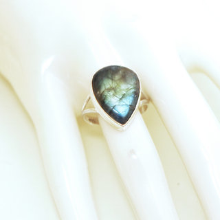 Bijoux ethniques Indiens bague argent 925 et pierre fine Labradorite gris vert kaki goutte - Inde 256b