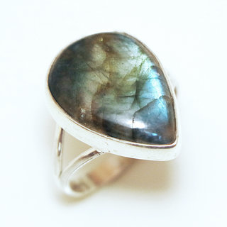 Bijoux ethniques Indiens bague argent 925 et pierre fine Labradorite gris vert kaki goutte - Inde 256a