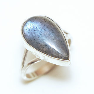 Bijoux ethniques Indiens bague argent 925 et pierre fine Labradorite gris vert kaki petite goutte - Inde 258a