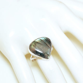 Bijoux ethniques Indiens bague argent 925 et pierre fine Labradorite gris vert kaki grande goutte - Inde 260b