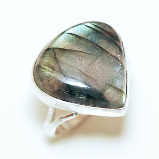 Bijoux ethniques Indiens bague argent 925 et pierre fine Labradorite gris vert kaki grande goutte - Inde 260a