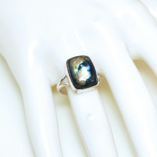 Bijoux ethniques Indiens bague argent 925 et pierre fine Labradorite gris vert kaki grande rectangle - Inde 261b