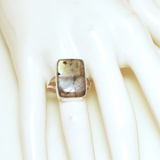 Bijoux ethniques Indiens bague argent 925 et pierre fine Labradorite gris vert kaki grande rectangle - Inde 262b