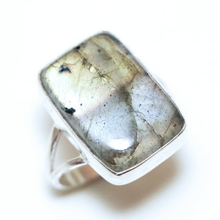 Bijoux ethniques Indiens bague argent 925 et pierre fine Labradorite gris vert kaki grande rectangle - Inde 262a