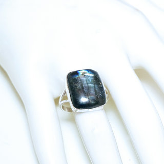 Bijoux ethniques Indiens bague argent 925 et pierre fine Labradorite gris vert kaki grande rectangle - Inde 264b