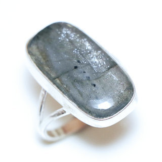 Bijoux ethniques Indiens bague argent 925 et pierre fine Labradorite gris vert kaki longue rectangle - Inde 266a