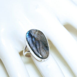 Bijoux ethniques Indiens bague argent 925 et pierre fine Labradorite gris vert kaki grande ovale - Inde 267b