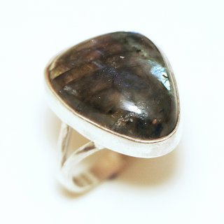 Bijoux ethniques Indiens bague argent 925 et pierre fine Labradorite gris vert kaki grande ovale - Inde 268a