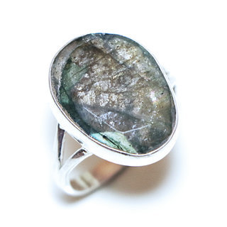 Bijoux ethniques Indiens bague argent 925 et pierre fine Labradorite gris vert kaki ovale facettes - Inde 269a