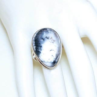 Bijoux ethniques Indiens bague argent 925 et pierre fine Agate mousse blanc noir marbr - Inde 273b