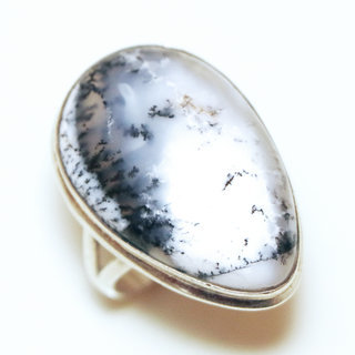 Bijoux ethniques Indiens bague argent 925 et pierre fine Agate mousse blanc noir marbr - Inde 273a