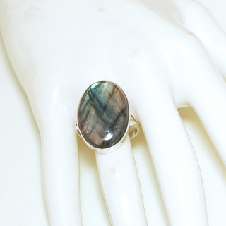 Bijoux ethniques Indiens bague argent 925 et pierre fine Labradorite gris vert kaki ajoure ovale classique indien - Inde 284b