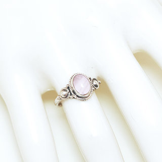 Bijoux ethniques Indiens bague en argent 925 massif femme et pierre fine ovale perles perles billes trio filigranes Quartz rose - Inde 301 b