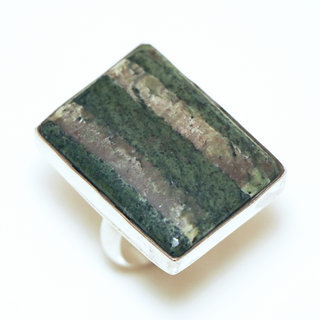 Bijoux ethniques indiens bague en argent 925 massif femme pierre fine Jaspe vert marbr grande rectangle rectangulaire rglable ajustable ouverte - Inde 298a