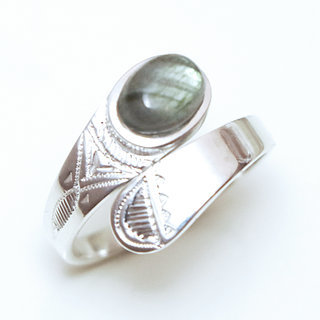 Bijoux ethniques touareg bague en argent 925 massif femme homme ovale croise rglable ajustable pierre fine Labradorite - Niger 030a a